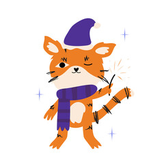 New Year's and Christmas hand-drawn tiger stands with a sparkler and smiles. Flat vector illustration