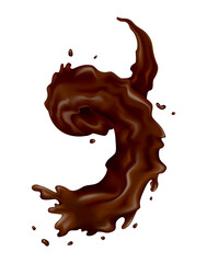 Chocolate splashes. Realistic drops or swirl flow on white background.  liquid cacao food, hot drink template. Delicious dark chocolate for confectionery desserts advertisement