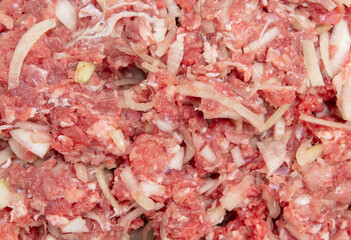 Minced meat and onions as a background.