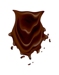 Chocolate splashes. Realistic drops or swirl flow on white background.  liquid cacao food, hot drink template. Delicious dark chocolate for confectionery desserts advertisement
