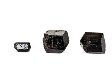 macro mineral stone schorl, black tourmaline on white background