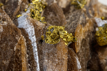 Macro mineral stone Barit Pyrit on a white background