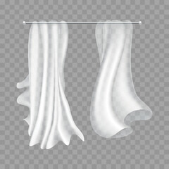 Flying curtains. Smooth chiffon cloths isolated on transparent background. Realistic silk material with folds smooth waving on breeze. Realistic clear material for window home decoration