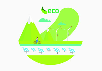 Solution of ecological problems in the world with renewable energy sources, wind turbine, solar energy panels. green and clean world concept. ecological balance and conscious people use bicycles.