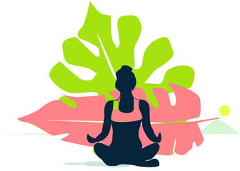woman doing yoga fitness with lotus movement and big leaves behind her concept logo emblem design concept. calm relax meditation spa woman female silhouette background