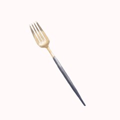 Watercolour golden fork with blue handle on white background. Isolated.
