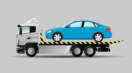 Image of a tow truck with a car on it. Transportation of a faulty car. Vector illustration.