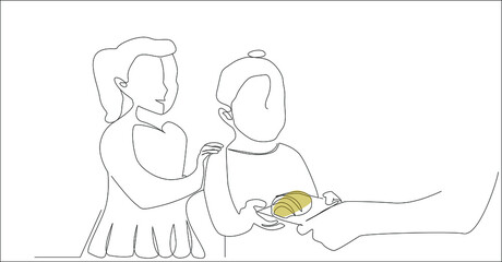 parent giving food on plate to teach children the value of sharing. teacher trying to teach kindergarten to share social values