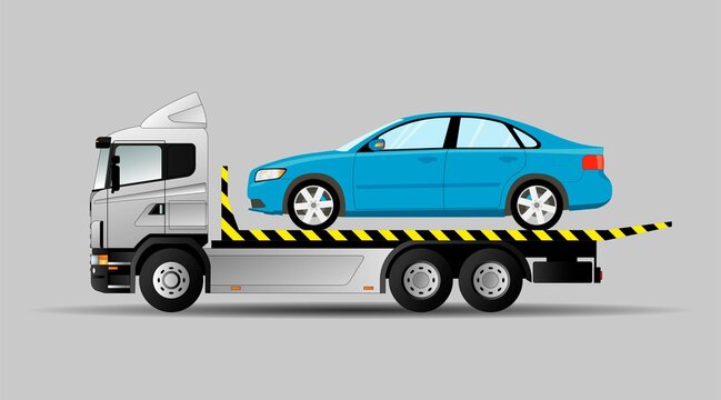 Image of a tow truck with a car on it. Transportation of a faulty car. Vector illustration.