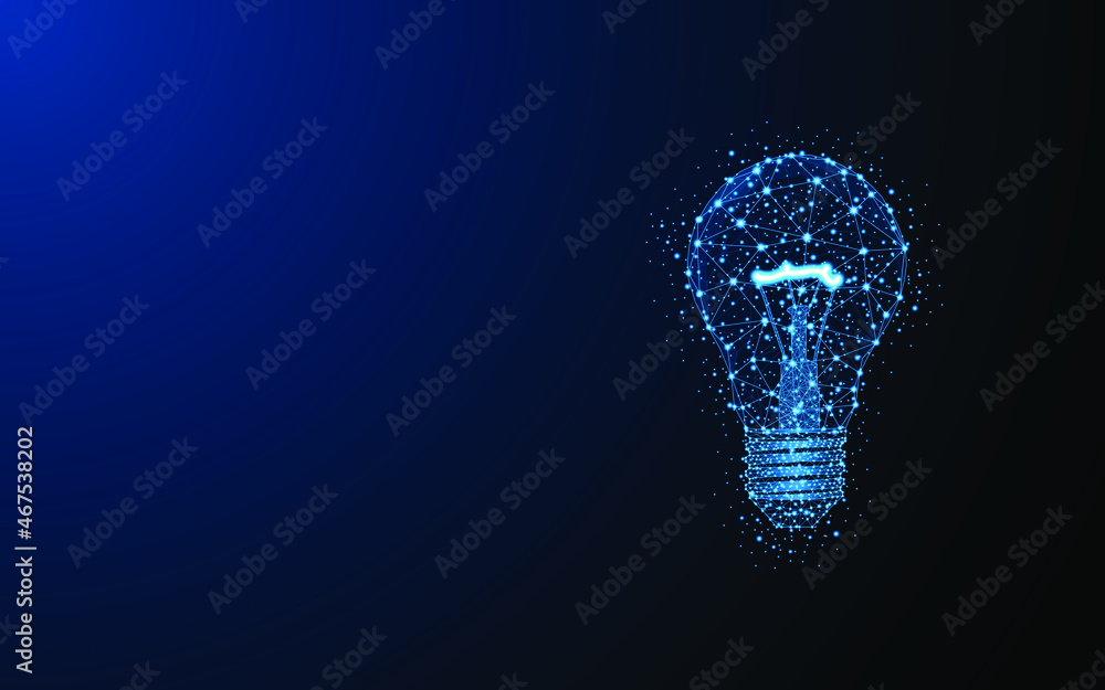 Fototapete Abstract glowing light bulbs. Digital low poly wire mesh style design with connection points. Internet technology network concept. vector illustration
