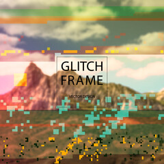 Glitched style design template in front of blurry nature landscape. Random colorful digital signal errors on photo of sea. Trendy computer graphic for poster, postcard, application or music album.