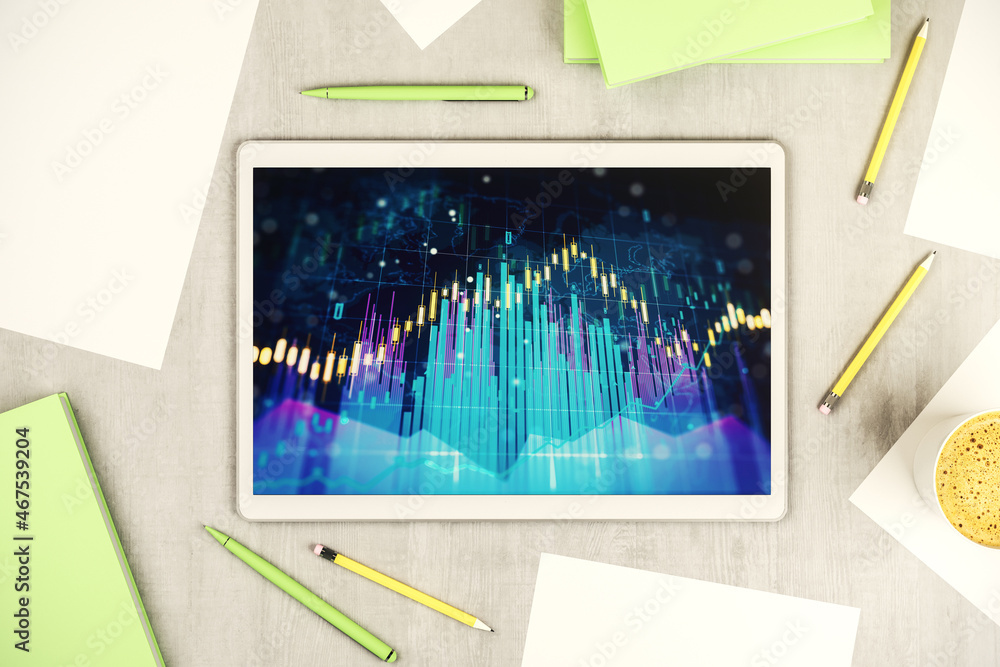 Poster top view of abstract creative financial graph on modern digital tablet screen, forex and investment 