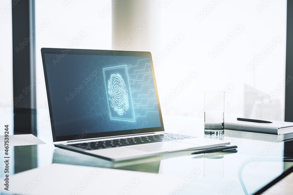 Fototapete Modern computer monitor with abstract creative fingerprint hologram, research and development concept. 3D Rendering