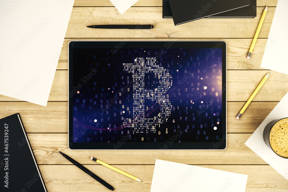 Poster creative bitcoin concept on modern digital tablet screen. top view. 3d rendering