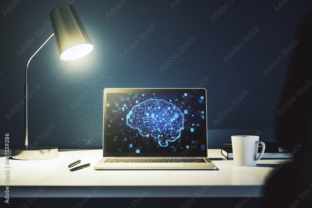 Poster modern computer display with creative human brain microcircuit. future technology and ai concept. 3d