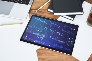 Creative scientific formula illustration on modern digital tablet display, science and research...