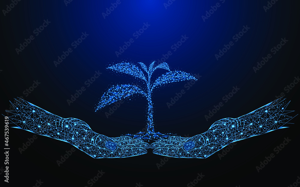 Poster abstract hand holding sapling. tree day concept and environmental care. low poly style design with c