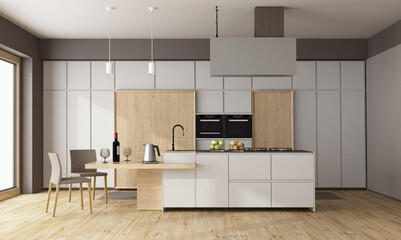 Minimalist white and wooden kitchen with island