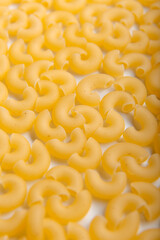 Top photo of raw uncooked chifferi pasta on a white background. Pasta background