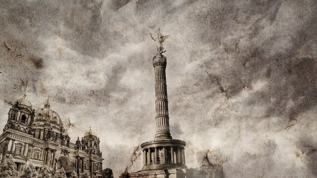 Slow motion collage of Berlin sights in Germany, which gradually appear on old vintage crumpled paper and a time-lapse sky with clouds. Creative 4k video loop animation with parallax effect.