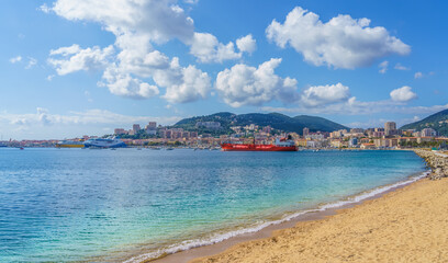 Landscape with plage du Ricanto in Ajaccio, Corsica island, France