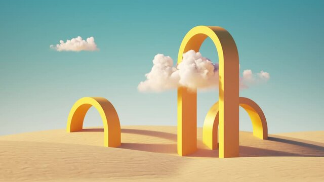3d animation, Surreal desert landscape with yellow arches and white clouds in the blue sky. Modern minimal abstract background