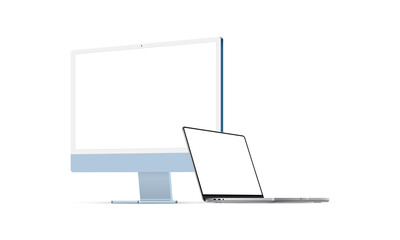 Desktop PC, Laptop Mockup with Blank Screens, Perspective Side View, Isolated on White Background. Vector Illustration - obrazy, fototapety, plakaty