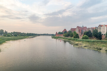 Nogat river at sunset in Malbork, Poland.