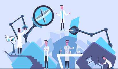 Scientists in laboratory. Males in lab concept who making research. People in white coat, chemical or technical researchers with laboratory equipment. Concept design of specialists working