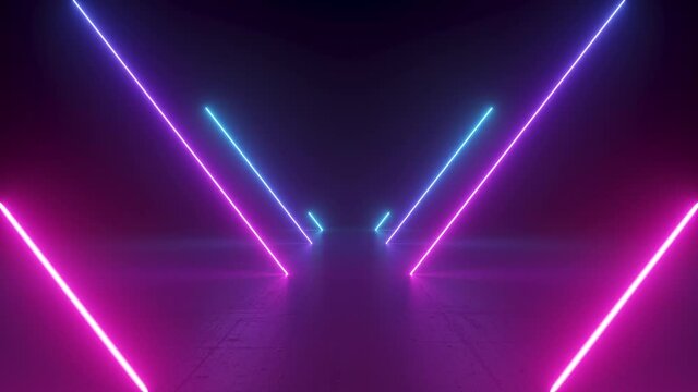 3d looping animation, abstract neon background with laser lines appearing in the dark room