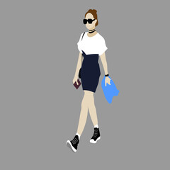 Vector illustration of Kpop street fashion. Street idols of Koreans. Kpop women's fashion idol. A girl in a white T-shirt and a black skirt with sneakers.