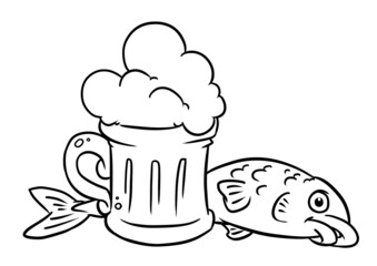 Large mug of beer foam fish cooking illustration cartoon coloring