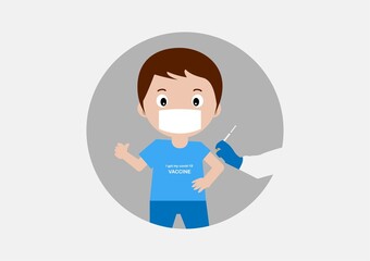 Covid-19 vaccination for child age 5-11 years. Vector illustration of young boy and doctor hand injecting vaccine.