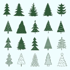 Set of hand-drawn sketch Christmas and New Year tree. Vector illustration.