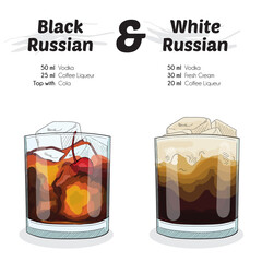 Hand Drawn Colorful Black Russian and White Russian Cocktail Drink Ingredients Recipe