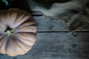 beautiful ripe pumpkin on an aged wooden background, folds of burlap