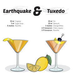 Hand Drawn Colorful Earthquake and Tuxedo Cocktail Drink Ingredients Recipe