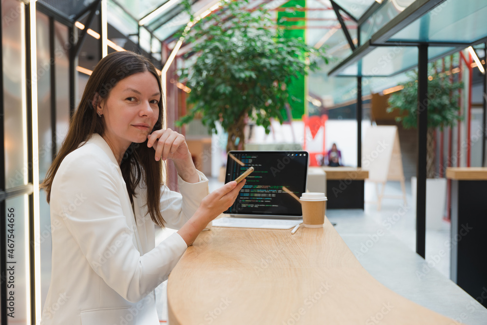 Poster writing code or learning programming languages in internet, modern lifestyle. young freelance woman 