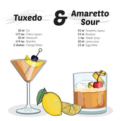 Hand Drawn Colorful Tuxedo and Amaretto Sour Cocktail Drink Ingredients Recipe