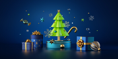 3d render. Christmas tree, holiday ornaments and gift boxes isolated on blue background