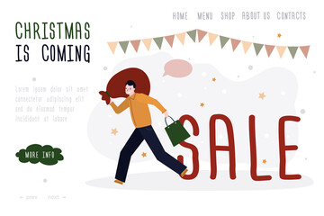 Christmas is coming. Man with bag full of gifts run to discount for Xmas. Concept of sale for holiday and event. Guy buying presents. Shopping for new year