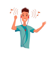 Man listening to music. Hand dancing of cartoon young character with earphone. Joyful people wearing headphone. Using audio player to enjoy sound