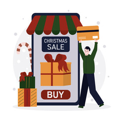 Man with credit card paying for purchase. Guy shopping to Christmas in mobile app. Happy person buying and ordering presents online. Purchases and gifts for xmas