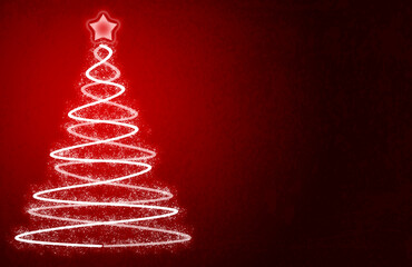 Fondo rojo con árbol de navidad iluminado.