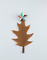 Christmas tree made of maple leaf on white background. Flat lay. New Year nature minimal concept.