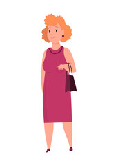 Over size woman. Adult lush lady in festive clothe flat cartoon style. Female character with overweight.  person