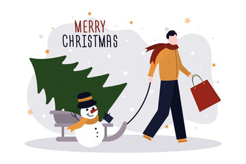 Happy man carrying tree on sled for christmas. Shopping and preparing for holiday. Buying present and decoration for Xmas
