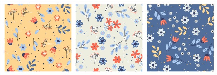 Naklejka premium Garden flower, plants ,botanical ,seamless pattern vector design for fashion,fabric,wallpaper and all prints. Set of Cute patterns in small colorful flowers.