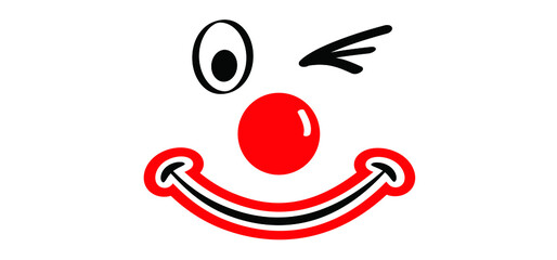 Funny cartoon happy smilling clown faces with wink. Carnivals face with clown nose. Vector clownnose. Comic smile face mask. Red ball or nose. Red nose day concept
