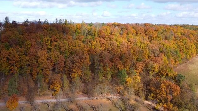 Aerial view of rural landscape near castle Tocnik in autumn time, Czech republic